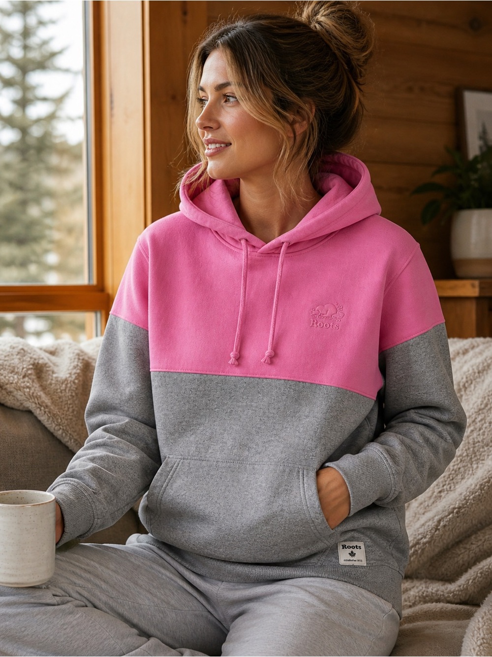 Roots Pink and Gray Colorblock Hoodie